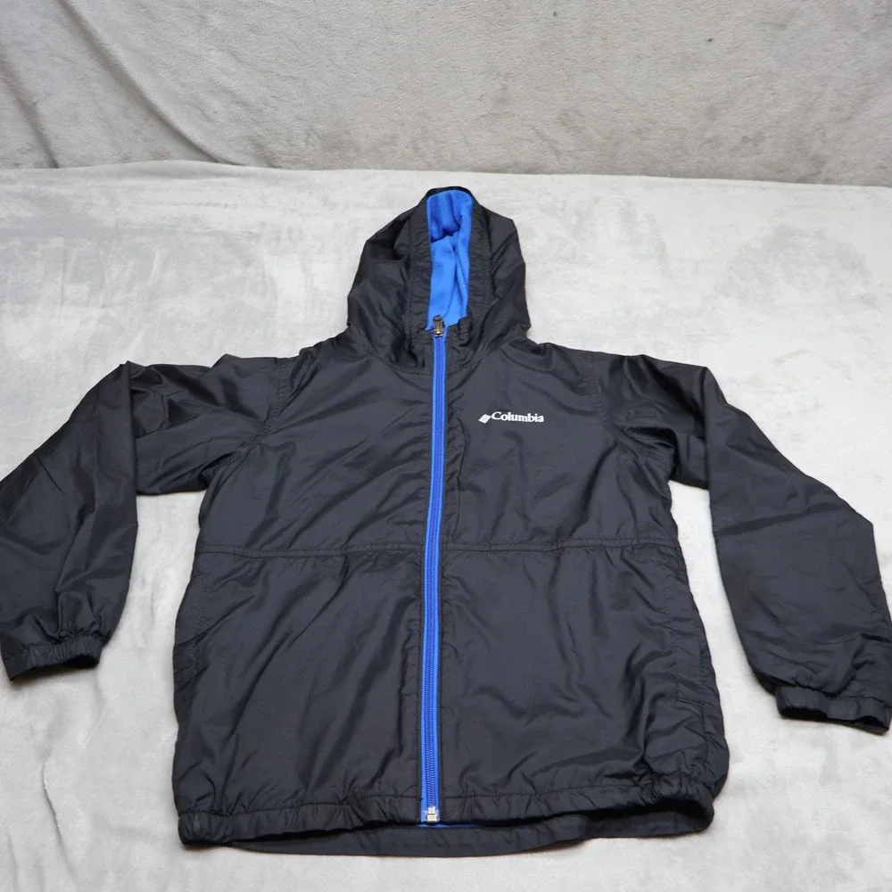 Columbia Jacket Youth Medium 10/12 Black Center Ridge Lined Windbreaker Hooded